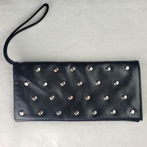Soft Leather Studded Clutch, Wrist Strap, Snap Closure, Small, Black
